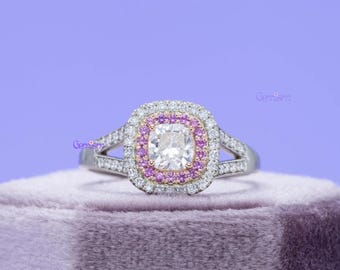 Dubbele halo roze saffierring, diamanten verlovingsring, vintage stijl bruidsring, alternatieve trouwring