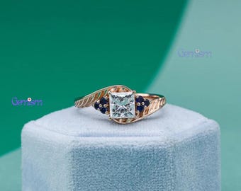 Princess Cut Diamond & Blue Sapphire Crossover Wedding Band | Women's Gold Wedding Ring | Sapphire Diamond Band for Her