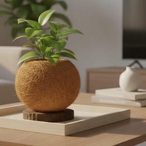 May include: A Kokedama plant, a Japanese moss ball, sits on a wooden coaster inside a light-colored wooden tray. The plant has vibrant green leaves and is displayed on a brown wooden coffee table. A television and other decor are in the background.