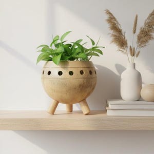 May include: A wooden planter with a spherical design and three legs, containing green leafy plants. The planter features circular holes around the top. A white vase with dried grasses, a small wooden sphere, and books are on a wooden shelf.