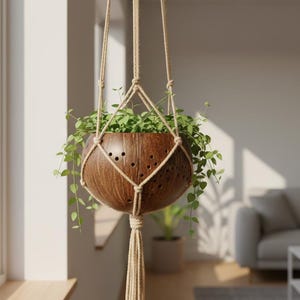 Hängande kruka med kokosnötskal | Växt ingår ej | Handgjord naturlig kruka, liten inomhuskruka, miljövänlig boho heminredning, skrivbordskruka.