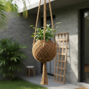 Maceta colgante de fibra de coco Kokedama (planta no incluida) / Maceta colgante ecológica hecha a mano / Decoración natural para el hogar / Maceta pequeña para interior