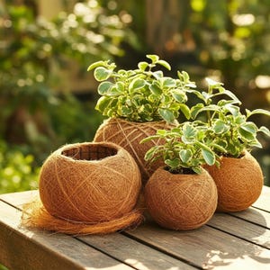 Pode incluir: Quatro vasos esféricos feitos de material castanho tecido, cada um com uma pequena planta verde com folhas com bordas brancas. Os vasos estão dispostos sobre uma superfície de madeira, com um fundo verde desfocado.