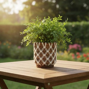 Może przedstawiać: Roślina dekoracyjna w plecionym brązowo-białym doniczce stoi na drewnianym stole. Doniczka ma wzór rombu utworzony przez białą linę. Roślina ma jasnozielone liście i jest ustawiona na rozmytym tle zewnętrznym.