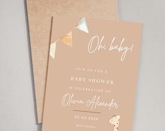 Gender Neutral Baby Shower Invitation. Oh, baby! Cute giraffe and simple design.