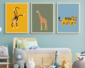 Safari Animal Nursery Prints: Boho Jungle Art, Set of 3