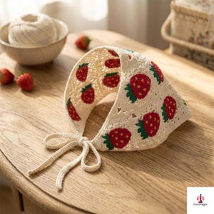 May include: A cream-colored crochet headscarf featuring a repeating pattern of red strawberries with green leaves. The triangular head covering is constructed from interconnected lace-like squares and includes two long ties at the bottom corners.