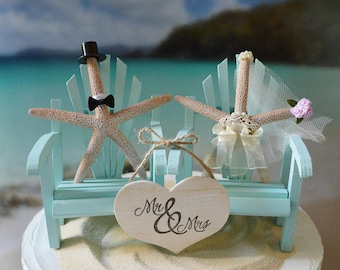 Beach chairs aqua blue coral beach destination wedding Adirondack chairs starfish bride and groom decorated ivory bride veil Mr &Mrs sign