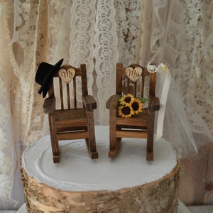 Rocking chair wedding cake topper country weddings rustic sunflowers bride groom Mr and Mrs hat and veil wedding sign wood chairs western