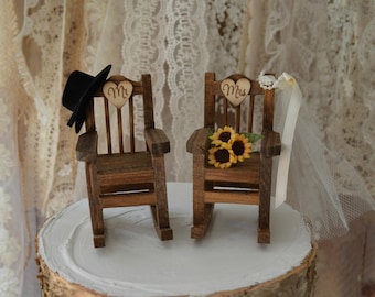 Rocking chair wedding cake topper country weddings rustic sunflowers bride groom Mr and Mrs hat and veil wedding sign wood chairs western