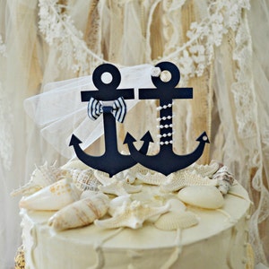 anchor Navy nautical beach themed wedding ocean sailor destination wedding cake topper navy blue bride and groom anchors decorated anchors