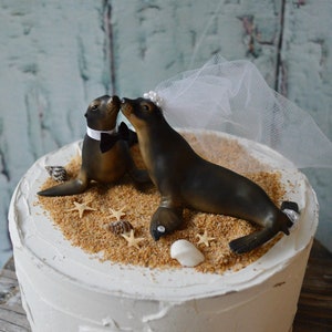 Seal-sea lion-ocean-beach-bride groom-beach wedding-animal-wedding-cake topper-zoo- seal-kissing-destination wedding-ocean themed-sea life
