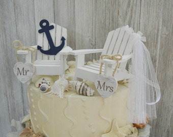 anchor navy nautical wedding cake topper beach chairs navy blue white Mr&Mrs wedding sign destination beach themed bride groom starfish