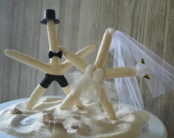 Handmade Starfish Wedding Cake Topper: Nautical Beach Bride & Groom (4" tall x 4.5" wide.)