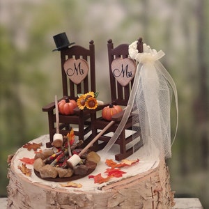 fall autumn themed wedding cake topper pumpkin country bride and groom rustic rocking chairs Mr&Mrs Thanksgiving wedding 6 inch cake image 4