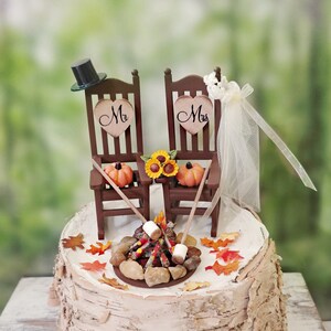 fall autumn themed wedding cake topper pumpkin country bride and groom rustic rocking chairs Mr&Mrs Thanksgiving wedding 6 inch cake image 3