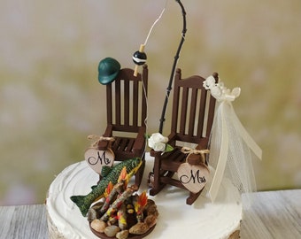 rocking chair fishing pole rustic country wedding cake topper bass fishing groom bride camping fishing theme ball cap campfire small chairs