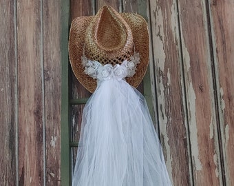 Ivory or white cowgirl hat and veil-cowgirl hat-western bride-bride to be-cowgirl wedding hat-rustic wedding-rustic bride-bachelorette