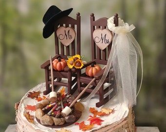 fall autumn themed wedding cake topper pumpkin country bride and groom rustic rocking chairs Mr&Mrs Thanksgiving wedding 6 inch cake