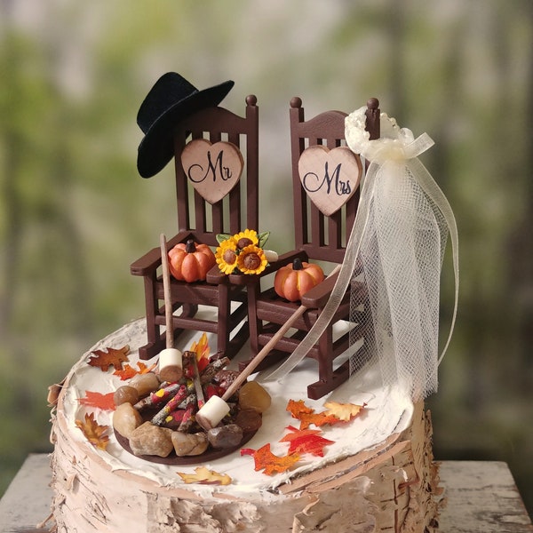 fall autumn themed wedding cake topper pumpkin country bride and groom rustic rocking chairs Mr&Mrs Thanksgiving wedding 6 inch cake