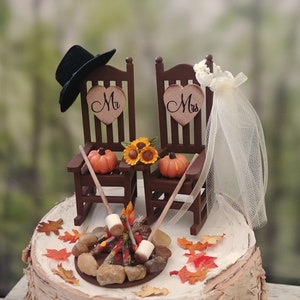 fall autumn themed wedding cake topper pumpkin country bride and groom rustic rocking chairs Mr&Mrs Thanksgiving wedding 6 inch cake image 2