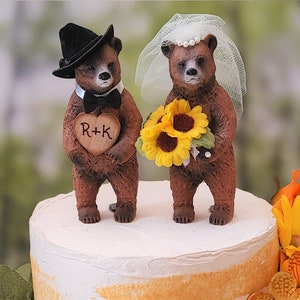 Brown bear grizzly bear fall themed wedding cake topper sunflower wedding cake topper bride groom bears country rustic animal theme cake