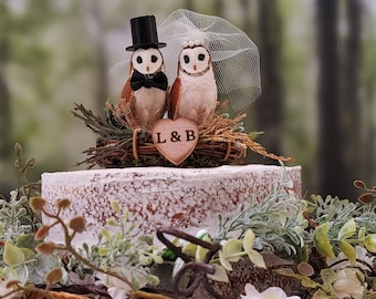 Owl-wedding-cake topper-bride-groom-rustic-woodland-animal-bird-custom-Mr.and Mrs.-barn owl-owl lover-just married-snow owl-hoot owl-western