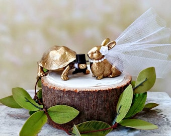 Tortoise and the hare wedding cake topper animal turtle rabbit bride and groom gold animal zoo woodland barn wedding Mr and Mrs centerpiece