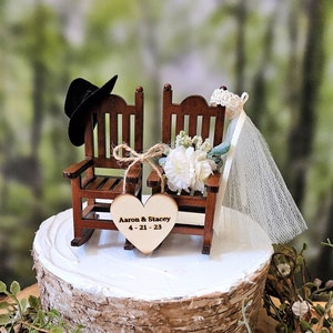 Quick shipping Country wood stained miniature rocking chairs fall theme personalized wedding cake topper cowboy hat veil  rustic wedding