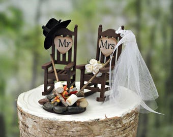 Miniature rocking chair campfire marshmallow wedding cake topper camping roasting marshmallow bride groom 6 inch cake small western country
