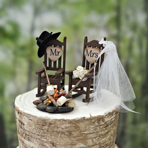 Miniature rocking chair campfire marshmallow wedding cake topper camping roasting marshmallow bride groom 6 inch cake small western country