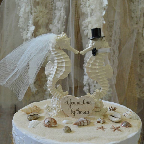 Seahorse bride and groom wedding cake topper beach weddings nautical destination Mr and Mrs seashells decorations kissing ivory beach bride