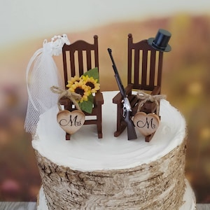 miniature sunflower rocking chair wedding cake topper shotgun rifle hunting theme hat veil camping groom rustic country themed bride groom
