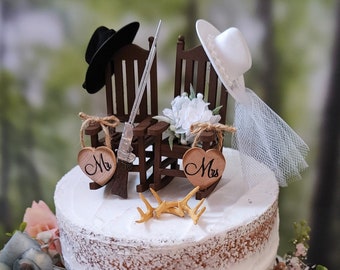 Western Wedding Cake Topper: Rocking Chairs, Rifle, Antlers