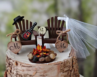 Guitar player campfire country wedding cake topper rustic acoustic guitar 6 inch cake miniature chairs bonfire bride and groom themed decor
