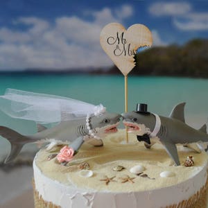 Great white shark wedding cake topper bride and groom shark lover beach destination San Jose sharks Mr & Mrs sign shark wedding diver decor
