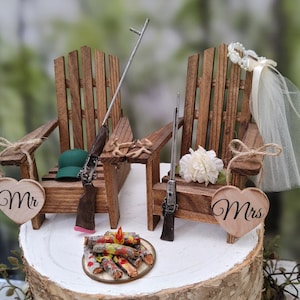 Hunting themed wedding cake topper bride and groom camping rifle shot gun campfire miniature Adirondack chairs small wood chairs country