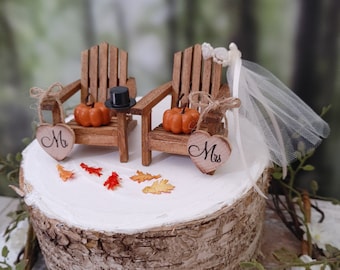 Custom personalized Fall wedding cake topper minature pumpkins small wood Adirondack chairs fall theme country barn fall leaves pumpkins