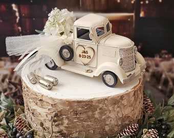 Metal truck wedding cake topper ivory retro old fashioned vintage classic bride and groom rustic style wedding cake topper barn wedding