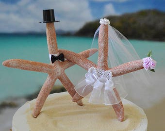 Starfish-wedding-cake topper-ivory veil-white veil-beach wedding-destination wedding-nautical starfish bride and groom-beach topper-tropical