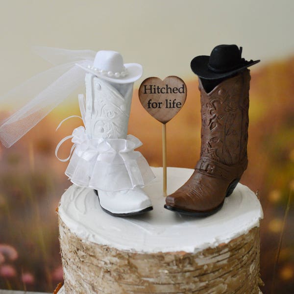 western wedding cake topper cowboy cowgirl boots bride and groom country rustic wedding decorated boots Just Hitched sign country bride