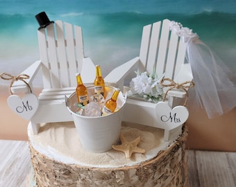 Beach chairs-Adirondack-beach-wedding-beer--cake topper-beach chairs-destination-bride-groom-Mr and Mrs-beach wedding-nautical-navy blue