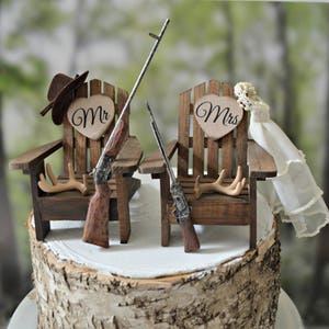 Hunting themed wedding cake topper bride groom hunters shotguns rifle antler rack Adirondack chairs camping fishing camouflage deer hunter image 1