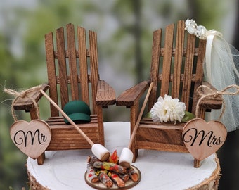 Roasting marshmallow camping wedding cake topper rustic country barn wedding decoratons campfire miniature Adirondack chairs wood small