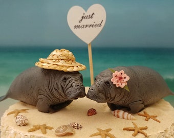 Manatee wedding cake topper bride and groom destination wedding tropical Florida themed island zoo sea life starfish nautical beach cake