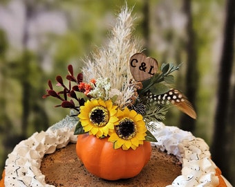 Fall theme wedding cake toppers fall flowers pumpkin country arragement bride and groom rustic barn country wedding Mr Mrs fall cake sign