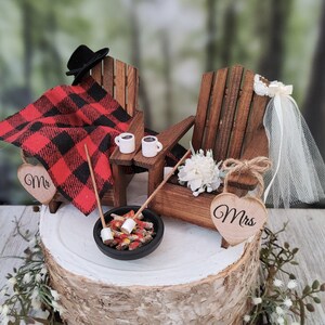 Fall themed Christmas themed wedding cake topper hunting camping Adirondack miniature chairs roasting marshmallows coffee hot chocolate cups image 2