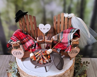 camping theme blanket themed wedding cake topper s'mores Adirondack miniature chairs roasting marshmallows coffee hot chocolate campfire