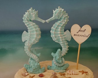 Seahorse wedding cake topper bride and groom beach themed wedding destination ocean nautical beach cake topper seashells ivory kissing