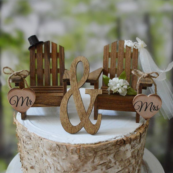 rustic country wedding Adirondack chairs miniature barn bride and groom ampersand Mr Mrs signs wedding cake topper fall small chair themed